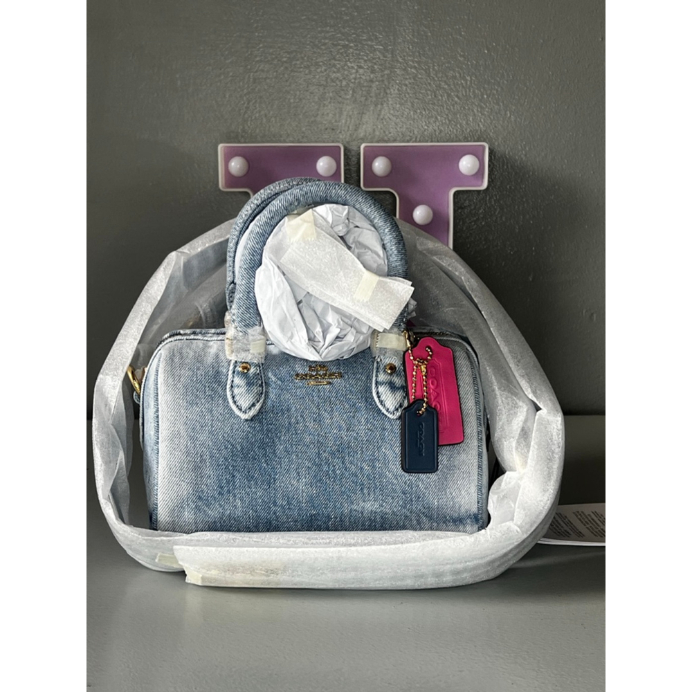 Coach Mini Rowan Crossbody Bag In Loved Denim With Charms